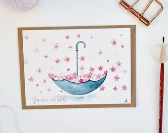 Carte postale illustration aquarelle poétique parapluie fleur la vie en rose PRINT A6