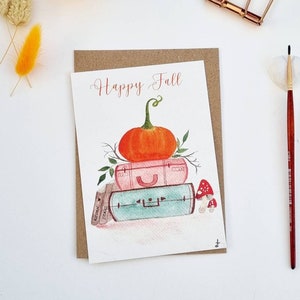 Postcard illustration autumn watercolor pumpkin books mushrooms PRINT A6