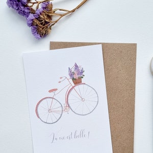 Carte postale aquarelle illustration vélo bouquet collection printemps PRINT A6 La vie est belle