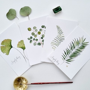 Lot de 4 Cartes postales illustrations botaniques feuilles diverses vertes collection herbier PRINT A6