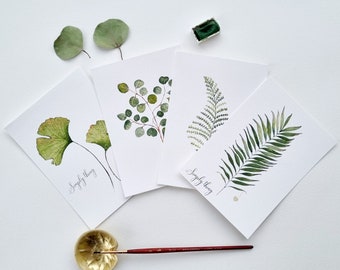 Set of 4 postcards with botanical illustrations of various green leaves, herbarium collection, PRINT A6