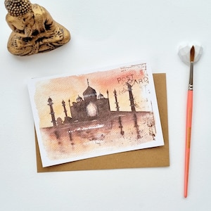Postal con ilustración de acuarela Taj Mahal India Evasion Collection vintage IMPRESIÓN A6