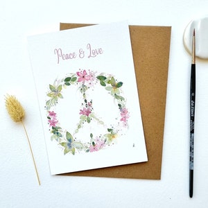 Ansichtkaart aquarel illustratie vrede & liefde aanpasbare tekst PRINT A6