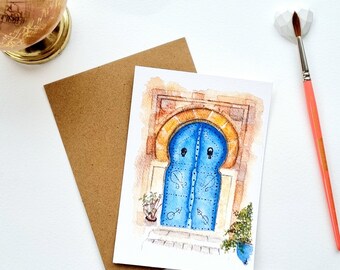 Illustration aquarelle Porte bleue Tunisie Collection Evasion PRINT A6