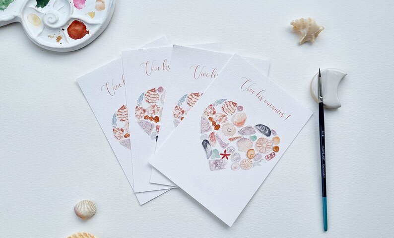 Carte postale aquarelle coquillages coeur collection printemps PRINT A6 texte personnalisable image 6