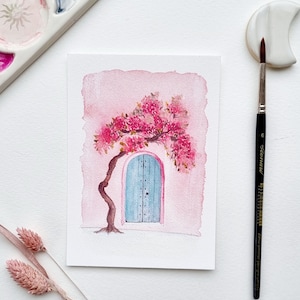 Watercolor illustration Pink rose bush Blue door Evasion collection PRINT A6/A5/A4