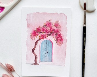 Illustration aquarelle Rosier rose Porte bleue Collection Evasion PRINT A6/A5/A4
