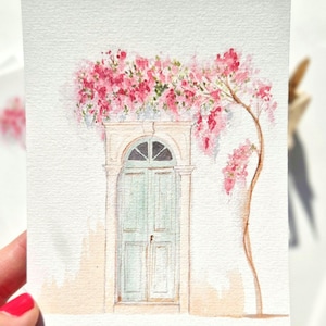 Illustration aquarelle Porte ancienne fleurie Collection Evasion PRINT A6/A5/A4