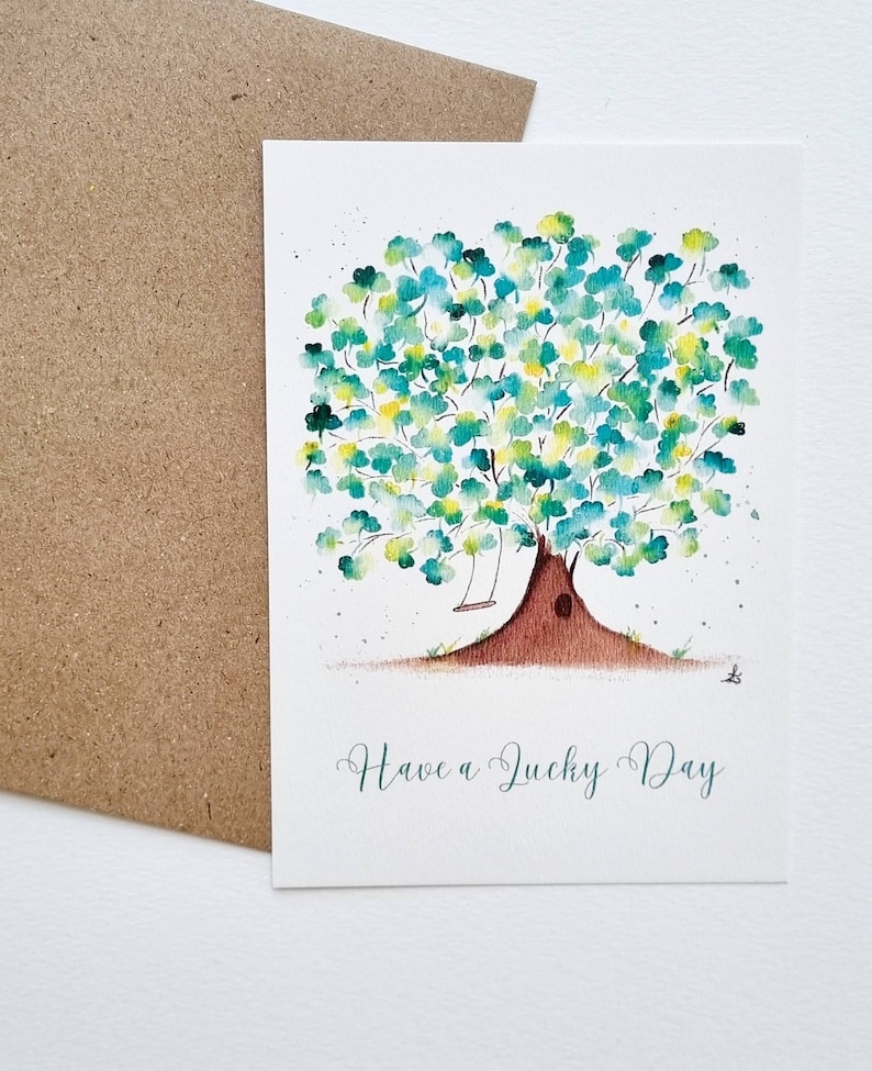 Carte postale illustration aquarelle Arbre de la chance PRINT A6 texte personnalisable image 1
