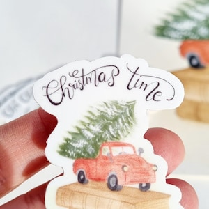 Adesivo de aquarela com ilustração de carro de árvore de Natal
