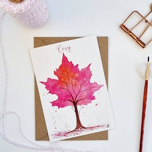 Carte postale illustration aquarelle rose feuille arbre automne PRINT A6