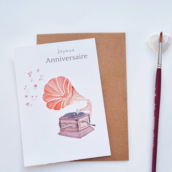 Carte postale aquarelle illustration anniversaire vintage grammophone PRINT A6 Joyeux anniversaire