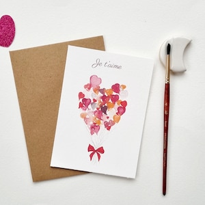 Illustration amour aquarelle bouquet ballons de coeurs rose / rouge / orange PRINT plusieurs formats A6 (Carte postale) / A5 /A4