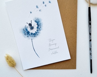 Carte postale illustration aquarelle fleur de pissenlit femme poétique bleue PRINT A6 texte personnalisable