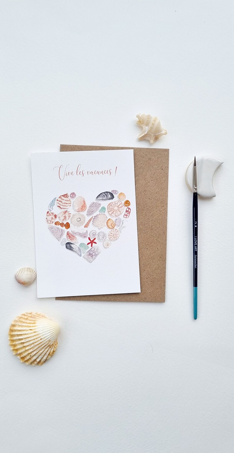 Carte postale aquarelle coquillages coeur collection printemps PRINT A6 texte personnalisable image 2