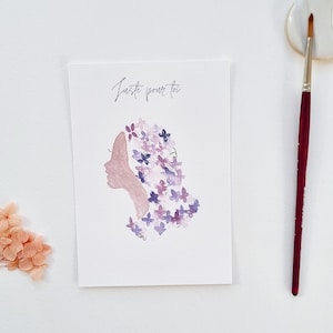 Carte postale aquarelle illustration silhouette visage fleuri "Juste pour toi" PRINT A6 buste femme profil