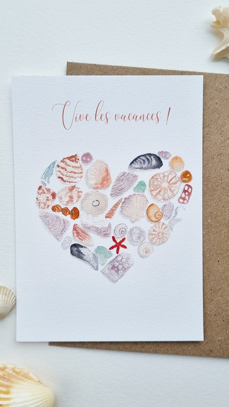 Carte postale aquarelle coquillages coeur collection printemps PRINT A6 texte personnalisable image 3