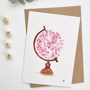 Illustration watercolor globe pink heart world of Love PRINT several formats available A6 (postcard) /A5/A4
