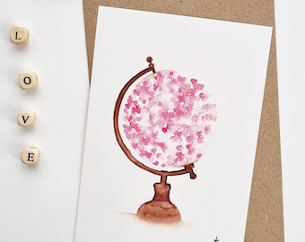 Illustration aquarelle globe terrestre rose coeur world of Love PRINT plusieurs formats disponibles A6 (carte postale) /A5/A4