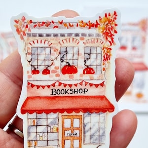 Sticker illustration aquarelle bookshop librairie vintage automne citrouilles