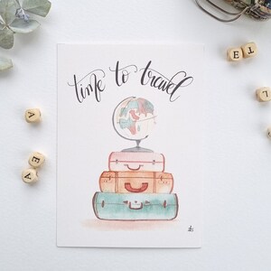 Illustration aquarelle valises globe terrestre Time to Travel PRINT A6/A5/A4