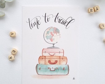 Carte postale illustration aquarelle Time to Travel PRINT A6