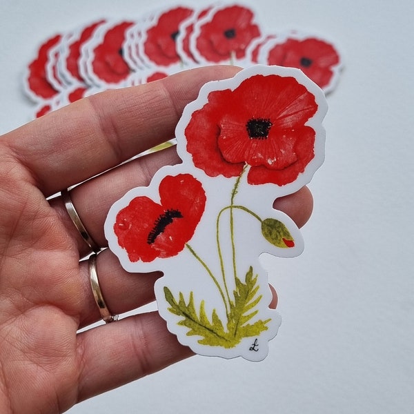 Sticker illustration aquarelle botanique coquelicot rouge / vert