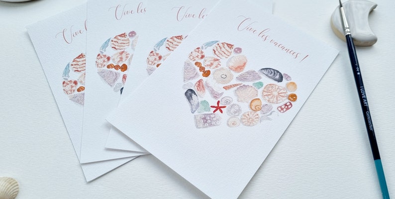 Carte postale aquarelle coquillages coeur collection printemps PRINT A6 texte personnalisable image 5