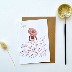 Ansichtkaart aquarel illustratie dame in roze poëtische kersenbloesem hoed PRINT A6 aanpasbare tekst