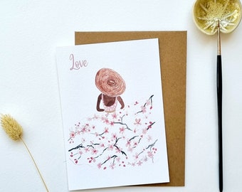 Postcard watercolor illustration lady in hat cherry blossom poetic pink PRINT A6 customizable text