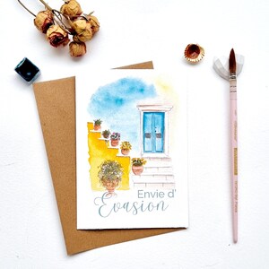 Cartolina con illustrazione ad acquerello Vasi da fiori con porta blu Collezione Evasion PRINT A6 (testo personalizzabile*)