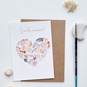 Carte postale aquarelle coquillages coeur collection printemps PRINT A6 texte personnalisable