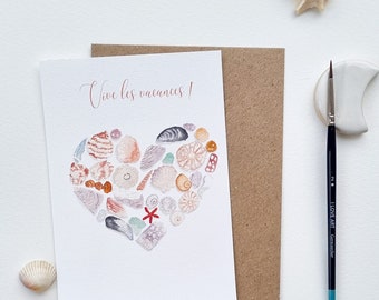 Carte postale aquarelle coquillages coeur collection printemps PRINT A6 texte personnalisable