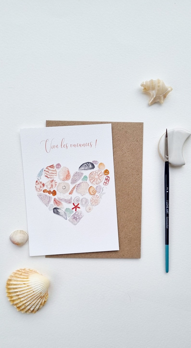 Carte postale aquarelle coquillages coeur collection printemps PRINT A6 texte personnalisable image 1