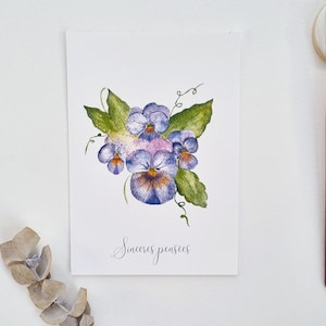 Carte postale illustration botanique pensées collection herbier PRINT A6 texte personnalisable (par défaut le texte "Sincères pensées ")