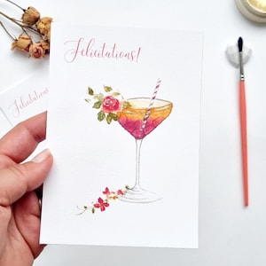 Postcard watercolor illustration Congratulations cocktail pink orange flowers PRINT A6