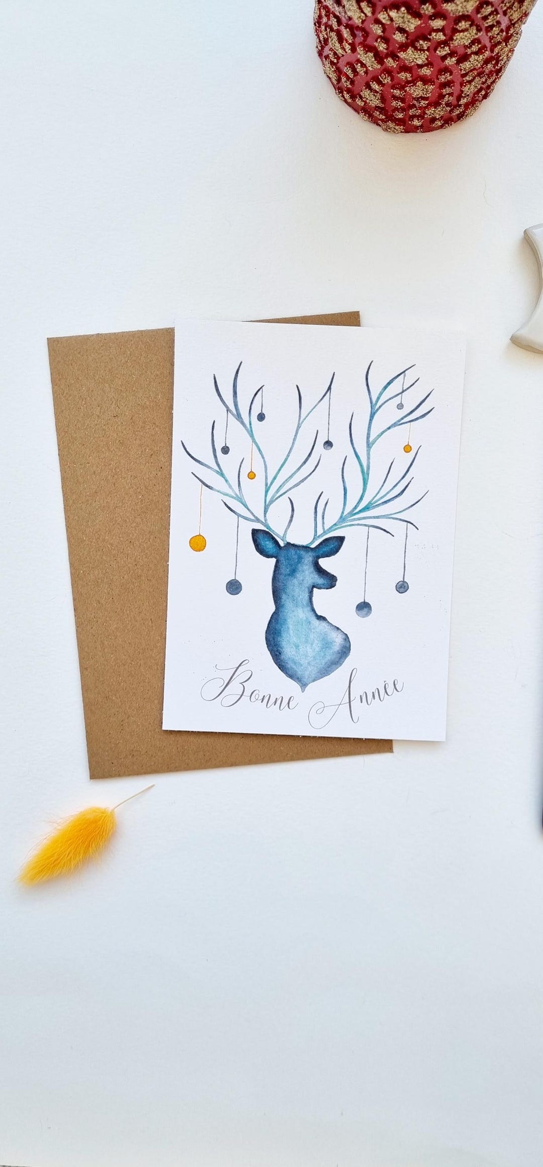 Postcard Illustration Watercolor Greetings Deer Happy New Year PRINT A6 ...