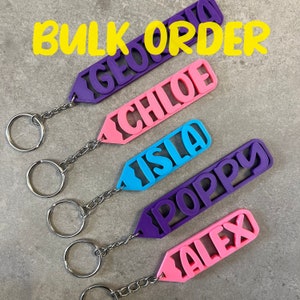 May include: Five colorful keychains with different names on them: Geo, Chloe, Isla, Poppy, and Alex. The keychains are made of plastic and have a silver chain attached to a metal ring.