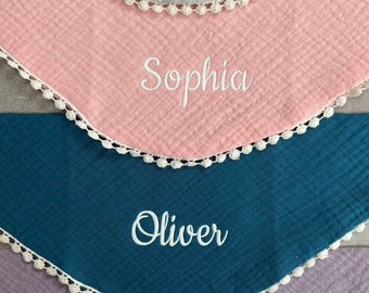 Personalised Baby Bib - Embroidered Name - Pom Pom Bib - Dress up Bib - Baby Dribble Bib - Special Occasion Bib - Baby Gift - Vintage style