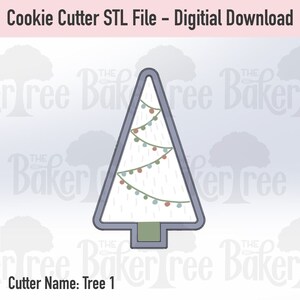 以下が含まれることがあります： クリスマスツリーの形をしたクッキーカッターのデジタルダウンロード可能なSTLファイルです。緑と青のライトと赤いオーナメントが付いています。カッターの名前は「Tree 1」です。