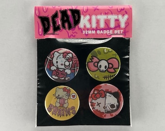 Dead Kitty Pin Badge set, 4x32mm metal button badges, Kitty Pastel Kawaii Zombie Hello Friends