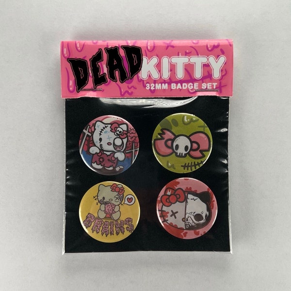 Dead Kitty Pin Badge set, 4x32mm metal button badges, Kitty Pastel Kawaii Zombie Hello Friends Cute