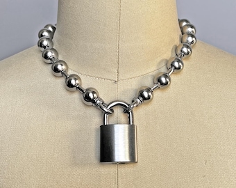 Stainless Steel Padlock Ball link , 12mm chain width , 25mm lock , large oversized choker / necklace . stacking , alt jewellery , statement