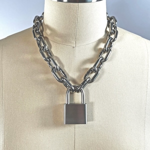 Large stainless steel padlock choker chain, heavy oversized link necklace available in approx 14-36 inch length stacking, statement, punk