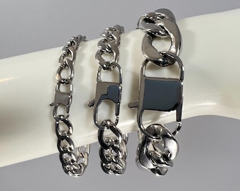 Cuban Curb Link Bracelet Stainless Steel With Matching Clasp– 7mm 9mm 15mm widths available – Silver Color