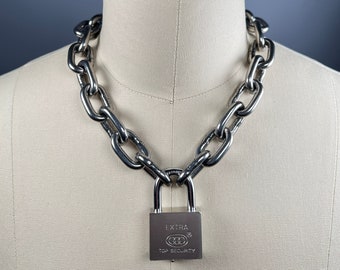 Large padlock choker stainless steel chain, heavy oversized link necklace available in approx 14-36 inch length stacking, statement, punk