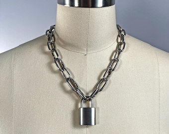 Stainless steel padlock choker chain, chunky link necklace available in approx 14-36 inch length stacking, statement, punk