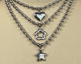 Heart Flower Star stainless steel pendant necklace choker on ball chain cute punk silver colour y2k 90's retro stacking alternative fashion