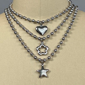 Collar con colgante de acero inoxidable con forma de corazón, flor y estrella, gargantilla en cadena de bolas, bonito estilo punk plateado, estilo Y2K, años 90, estilo retro, apilable, moda alternativa