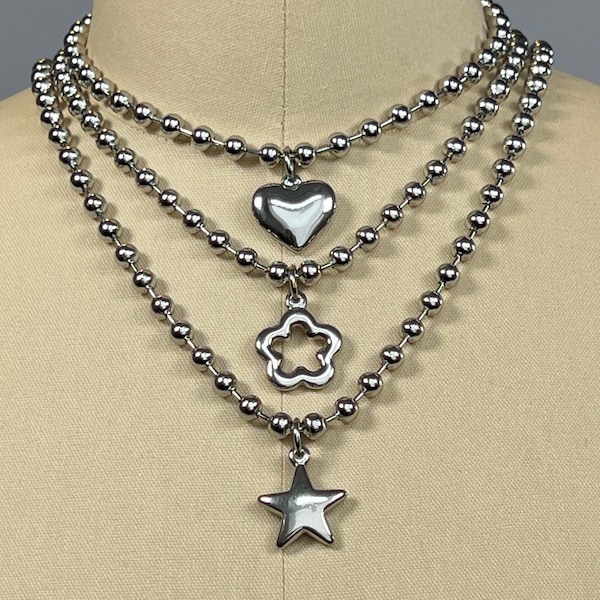 Heart Flower Star stainless steel pendant necklace choker on ball chain cute punk silver colour y2k 90's retro stacking alternative fashion